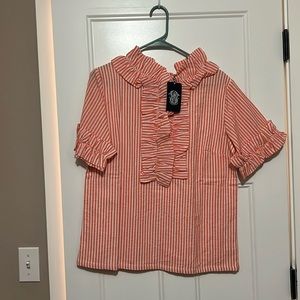 NWT Elizabeth Wilson Design size Medium Ruffle sleeve & neck peach stripe top